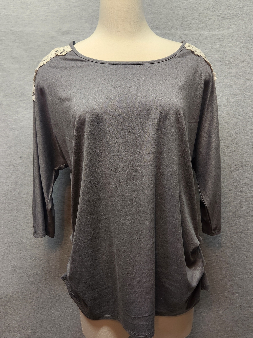 Women's Gray Boatneck Top with Lace Shoulder Detail